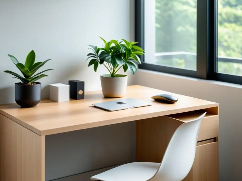 Oficina minimalista con diseño Feng Shui, iluminación natural y toque de naturaleza para aumentar la productividad