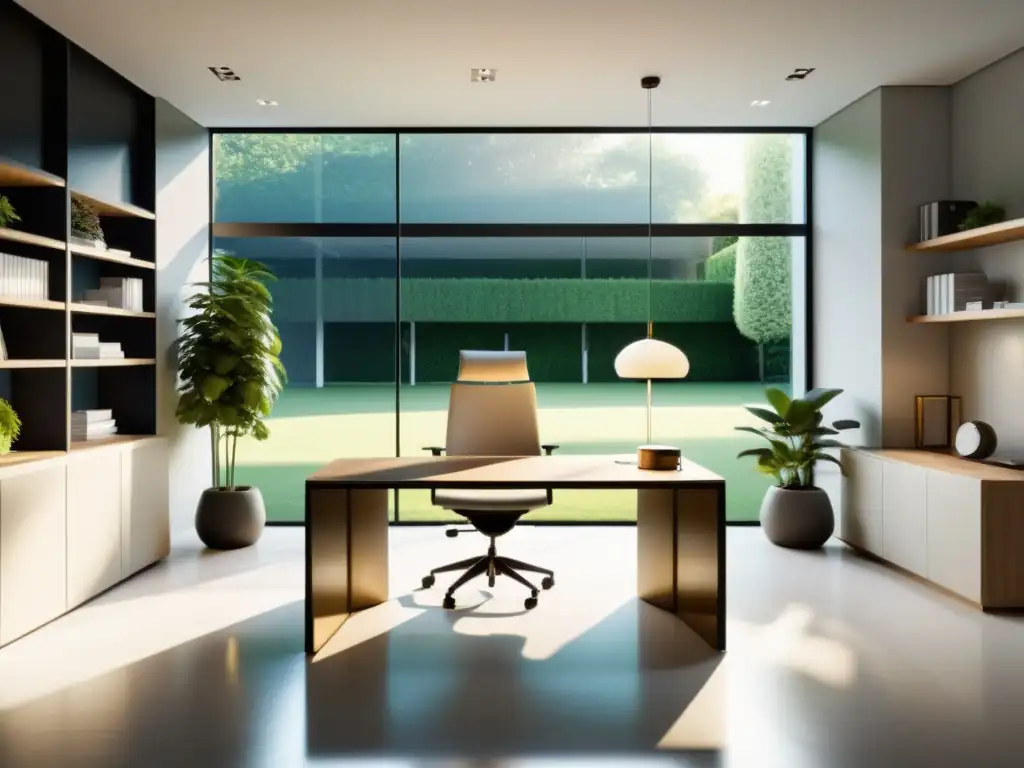 Oficina minimalista con diseño Feng Shui en armonía con la naturaleza y modernos muebles, iluminada por luz natural