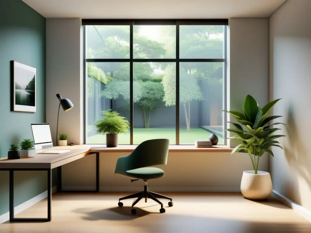 Oficina minimalista con Feng Shui para negocios, escritorio, luz natural y jardín tranquilo