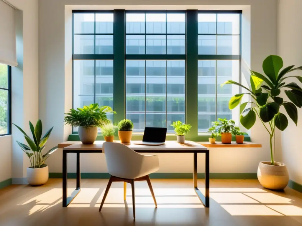 Oficina minimalista con plantas curativas para armonía Feng Shui, iluminada por el sol y con un escritorio elegante y espacioso