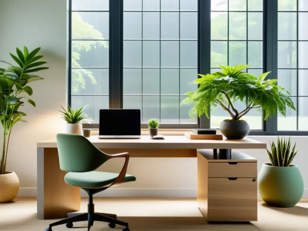 Una oficina minimalista con Feng Shui para productividad, iluminada por luz natural y decorada con plantas y elementos de diseño armonioso