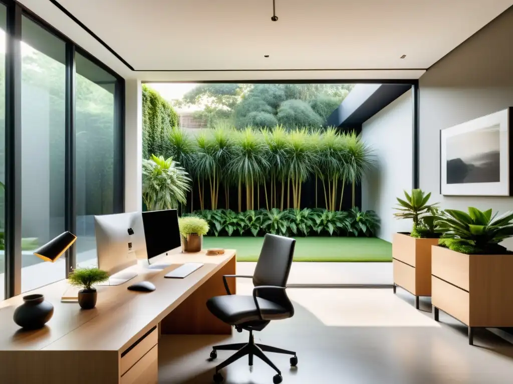 Oficina minimalista con Feng Shui para proyectos de reciclaje, luz natural y jardín sereno