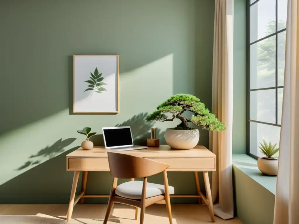 Oficina minimalista con toques de Feng Shui, colores calmantes y ambiente armonioso que promueve el bienestar