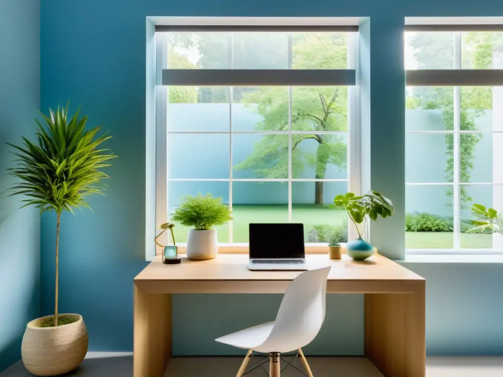 Oficina minimalista con ventana panorámica que mejora productividad con Feng Shui