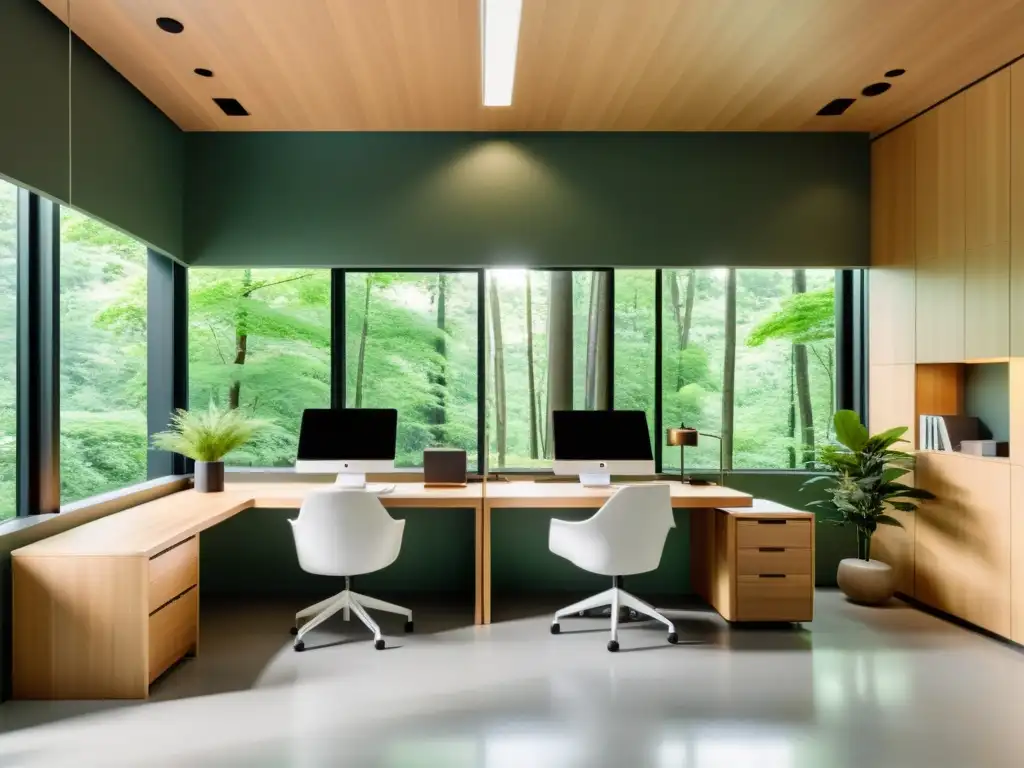 Oficina minimalista con vista a bosque, integrando Feng Shui innovador con biofilia digital