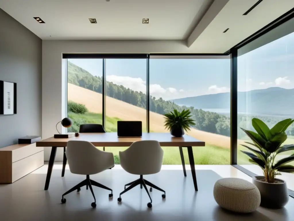 Oficina minimalista con vista a la naturaleza, equilibrio y calma para creatividad con Feng Shui para creatividad en oficina