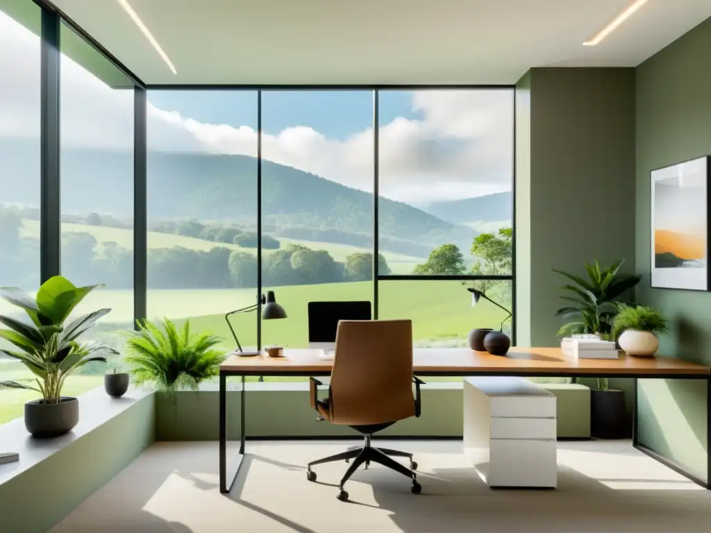 Oficina minimalista con vista a la naturaleza, armonía y Feng Shui en edificios ecológicos