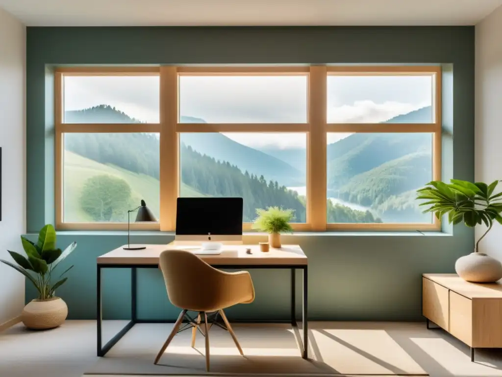 Oficina minimalista con vista a la naturaleza, organizada según consejos Feng Shui oficinas productivas