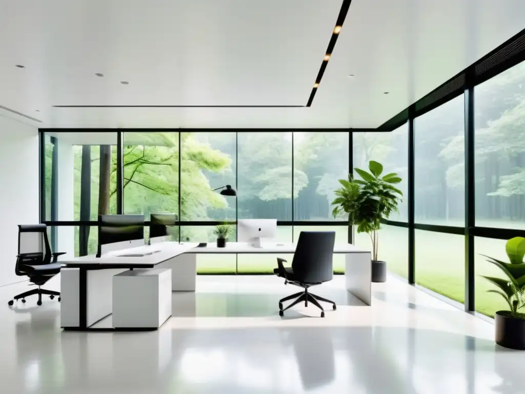 Oficina minimalista con vistas al bosque, integrando Feng Shui innovador con biofilia digital