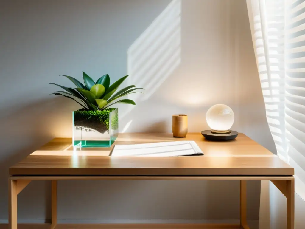 Oficina minimalista con Feng Shui, zona riqueza confianza, fuente interior y cristal de cuarzo en escritorio de madera natural, bañado por luz solar