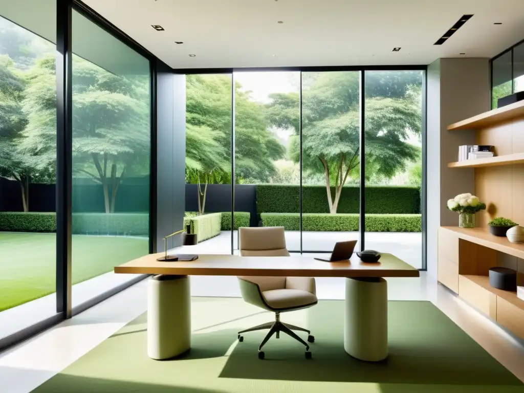 Oficina con mobiliario minimalista y vistas al jardín, siguiendo principios Feng Shui