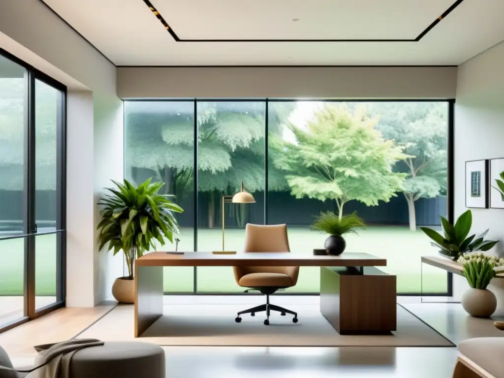 Oficina moderna con diseño minimalista y vistas a un jardín tranquilo, ideal para fomentar el Feng Shui para creatividad en trabajo