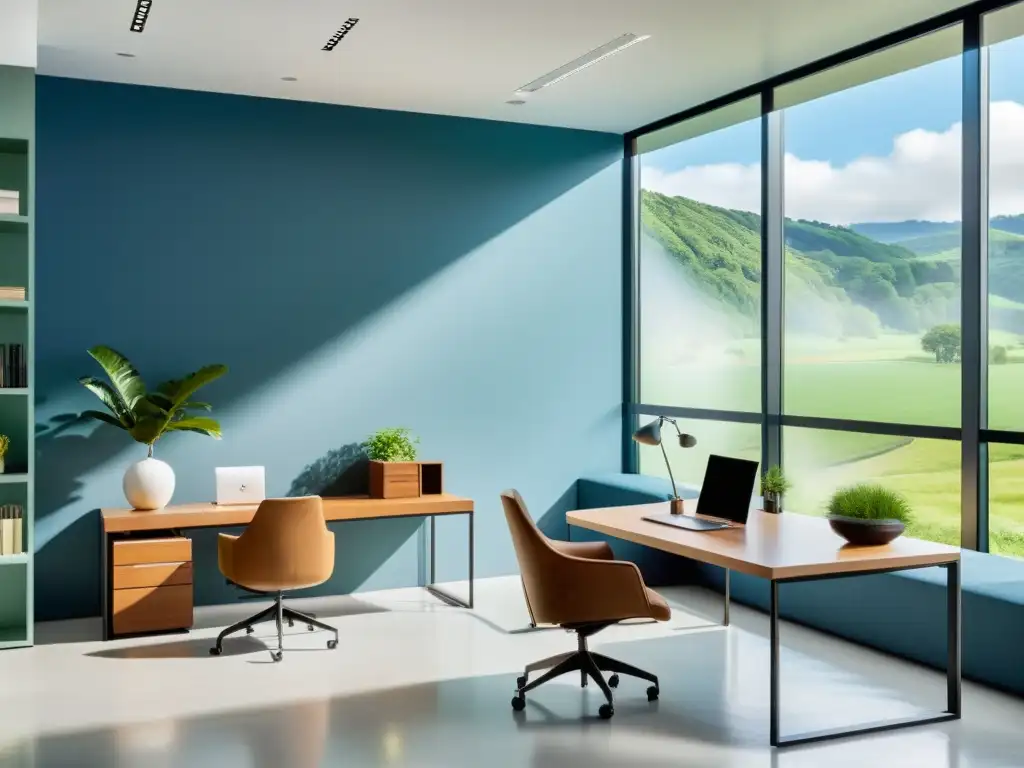 Oficina moderna con equilibrio de Feng Shui colores, naturaleza y tranquilidad para el bienestar