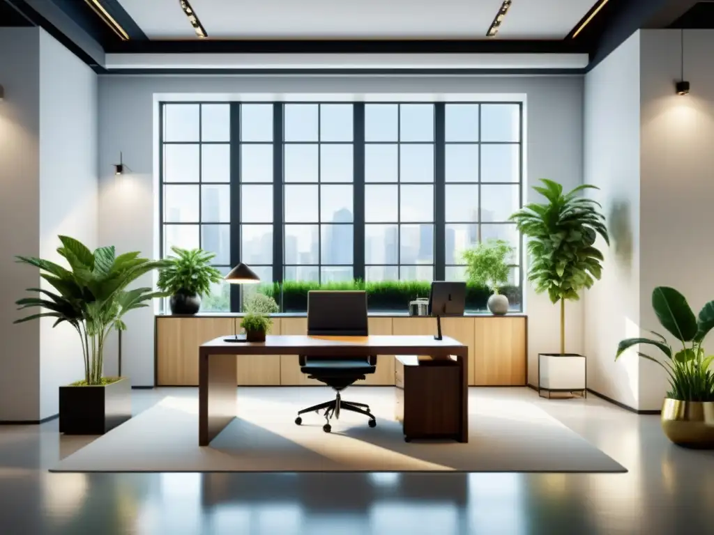 Oficina moderna con limpieza energética negocio Feng Shui, plantas y luz natural