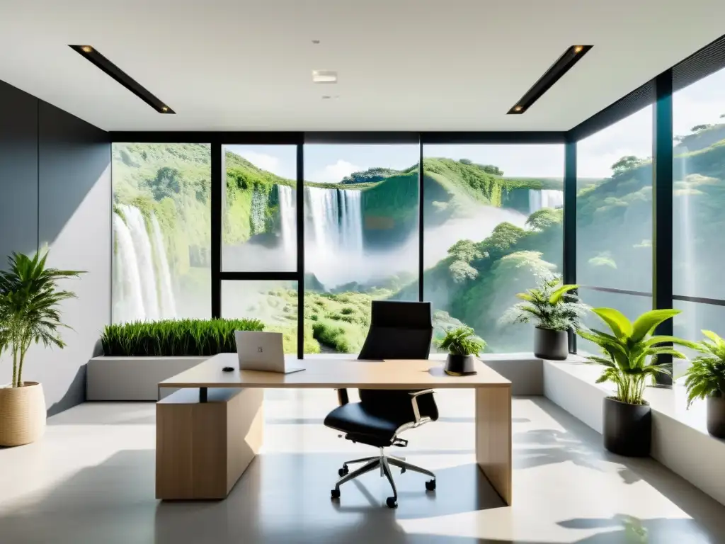 Oficina moderna con Feng Shui en el lugar de trabajo, decoración minimalista y vista a paisaje verde