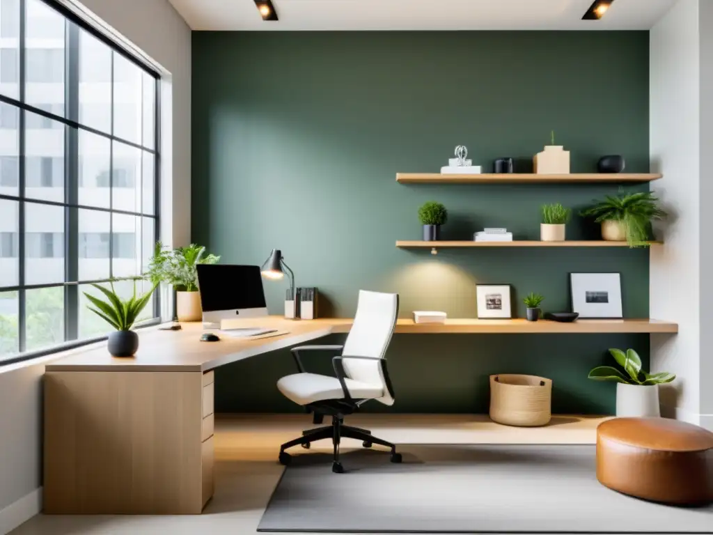 Oficina moderna aplicando Feng Shui con diseño minimalista y equilibrio de colores neutros, plantas y luz natural