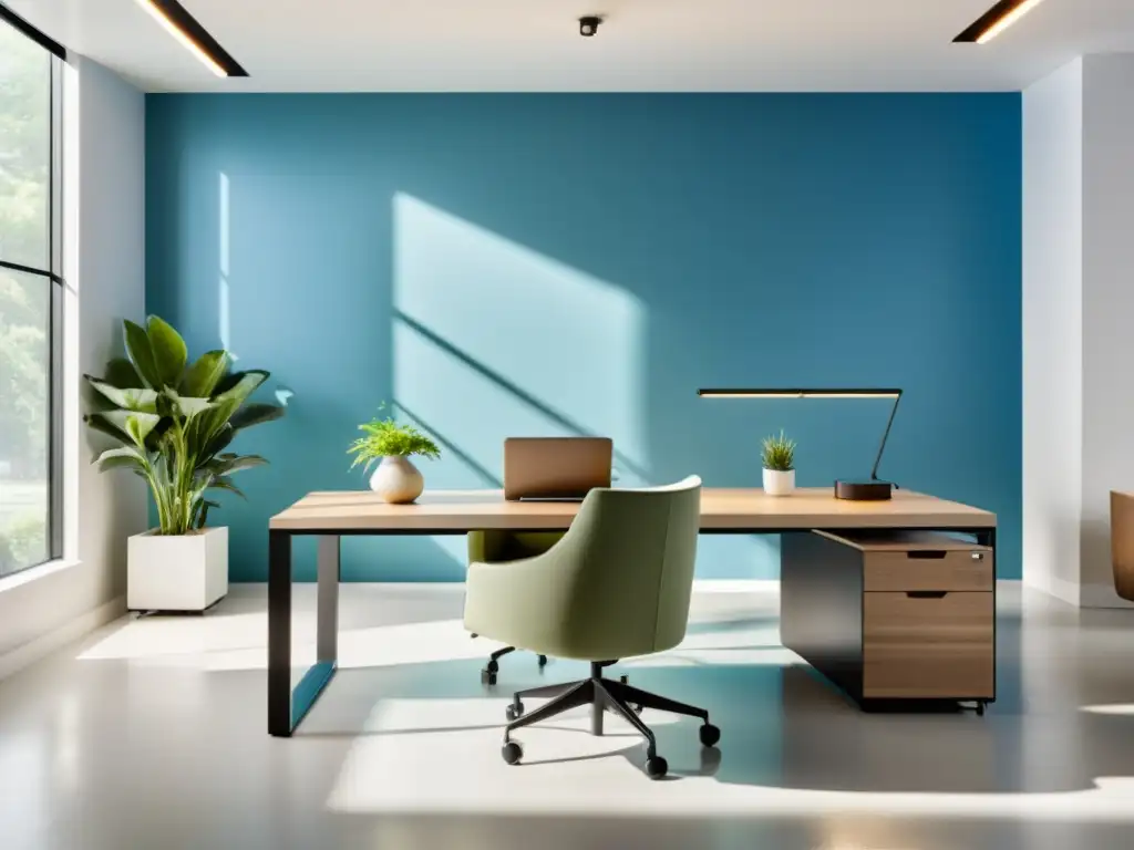 Oficina minimalista con armonía y tranquilidad Oficina moderna con mobiliario minimalista y armonioso, inundada de luz natural y elementos de la naturaleza