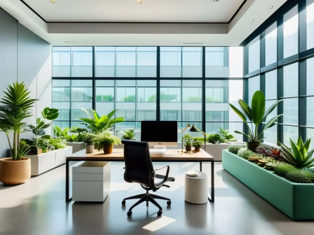 Oficina moderna con plantas para mejorar feng shui y tecnología de vanguardia