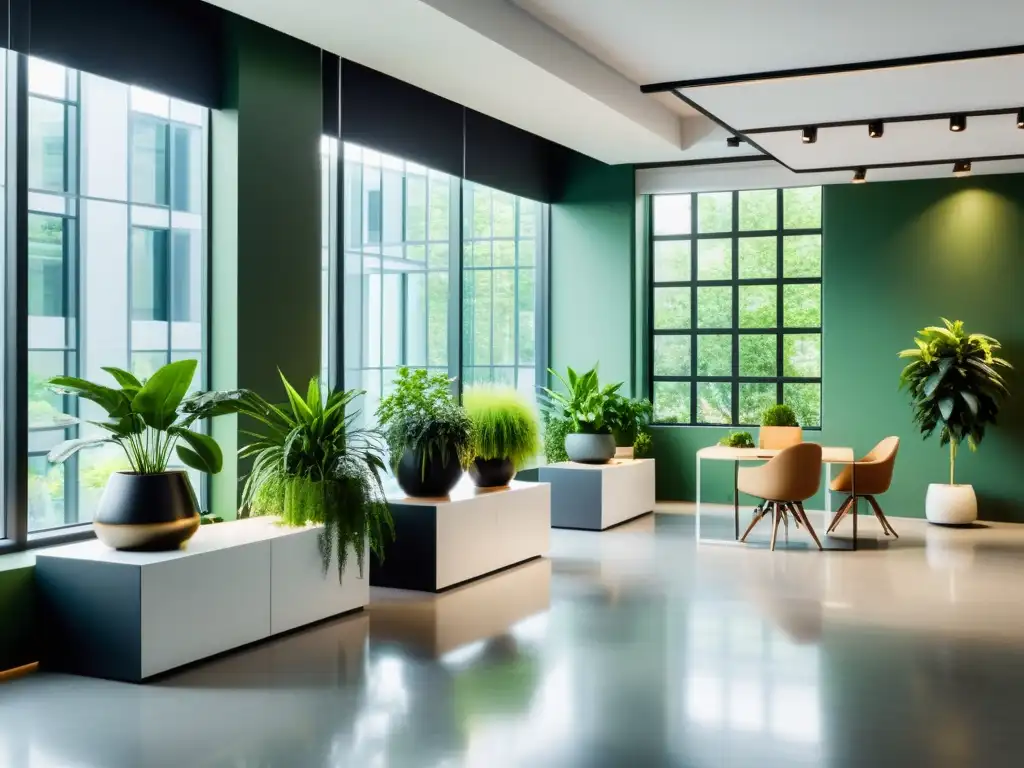 Oficina moderna con plantas verdes para mejorar feng shui y equilibrio en el entorno tecnológico