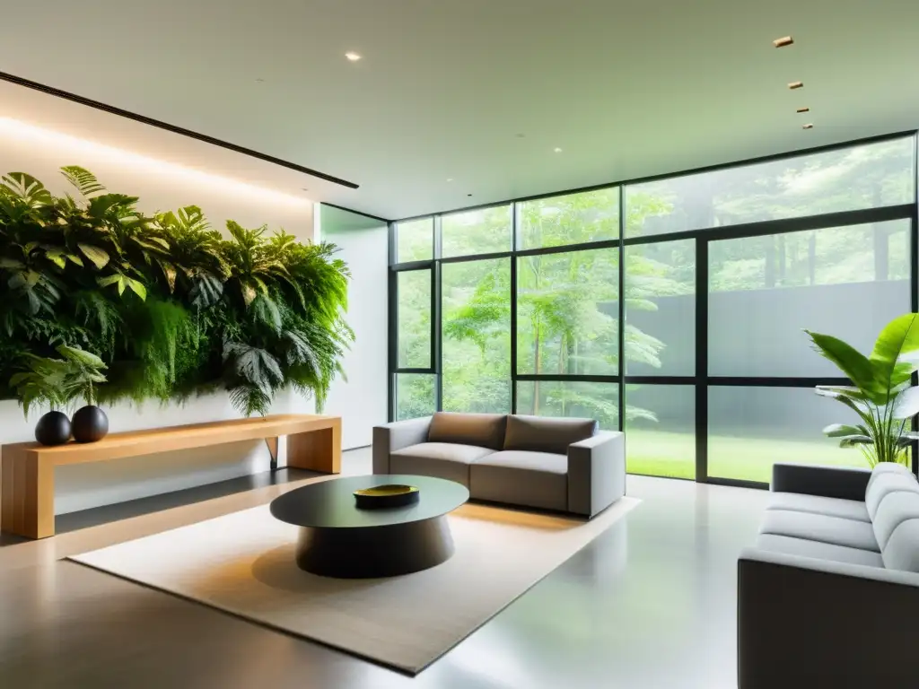 Oficina moderna con vista a bosque exuberante, muebles minimalistas y pared de plantas