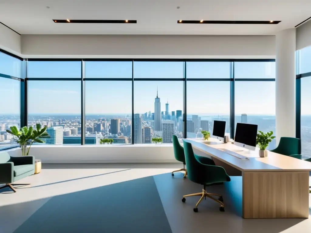 Oficina moderna con vistas a la ciudad, decoración minimalista, limpieza energética negocio Feng Shui