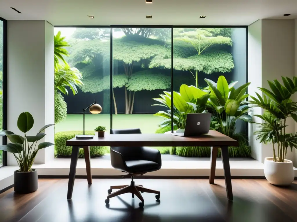 Oficina Feng Shui líder moderno con vista a jardín tranquilo, luz natural y decoración minimalista en tonos neutros