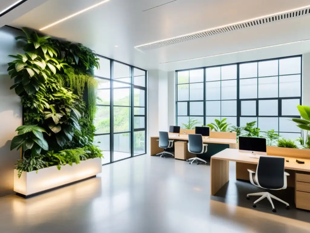 Oficina serena con tecnología y plantas integradas para mejorar feng shui con plantas tecnología y crear armonía