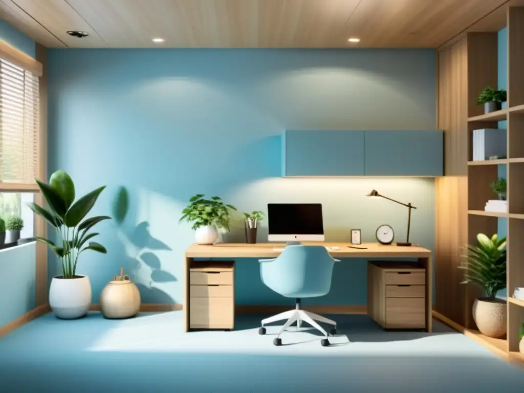Oficina minimalista en armonía Feng Shui Oficina serena con diseño Feng Shui en tonos azules que transmiten armonía y equilibrio