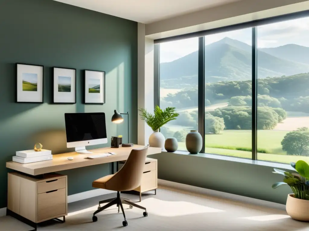 Oficina serena con Feng Shui, con vista a paisaje natural a través de gran ventana, promoviendo equilibrio y armonía