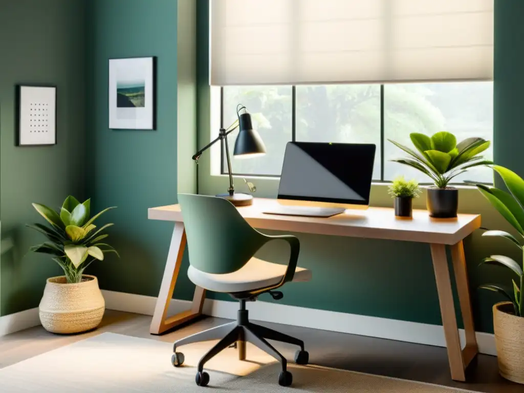 Oficina en casa Feng Shui: Espacio de trabajo minimalista y armonioso con escritorio despejado, silla ergonómica y luz natural