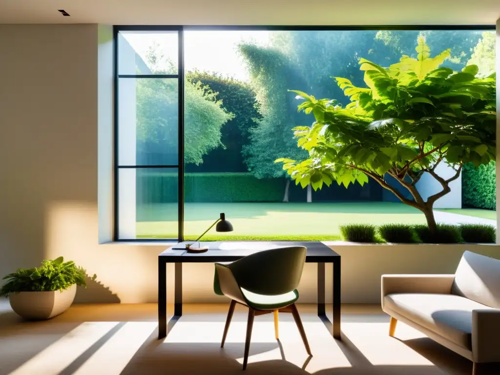 Oficina tranquila con diseño minimalista y ambiente vivo de Feng Shui en armonía con la naturaleza