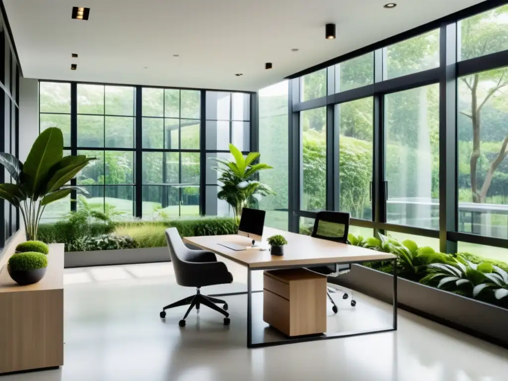 Oficinas Feng Shui líder moderno con diseño minimalista, luz natural y vistas al jardín, creando un ambiente armonioso y equilibrado