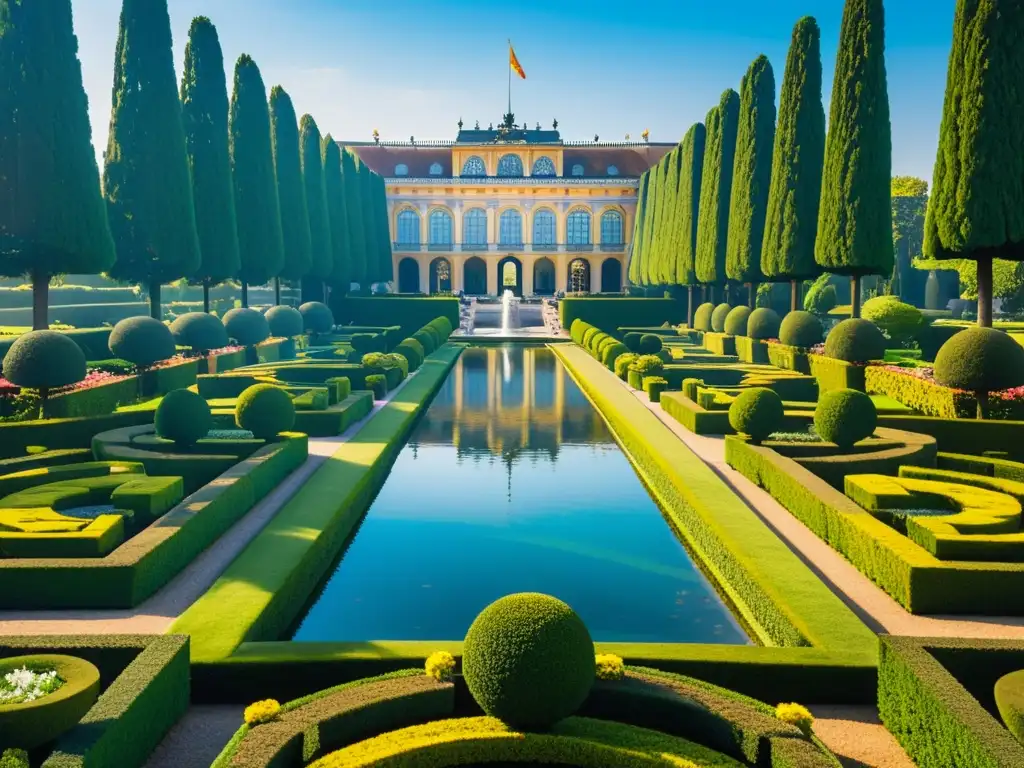 Jardín opulento de palacio real con diseño simétrico, caminos de piedra y estanque