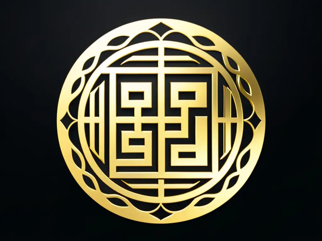 Orígenes y transformaciones del Bagua Feng Shui: Imagen minimalista del símbolo Bagua en oro sobre fondo negro mate, irradiando elegancia y lujo