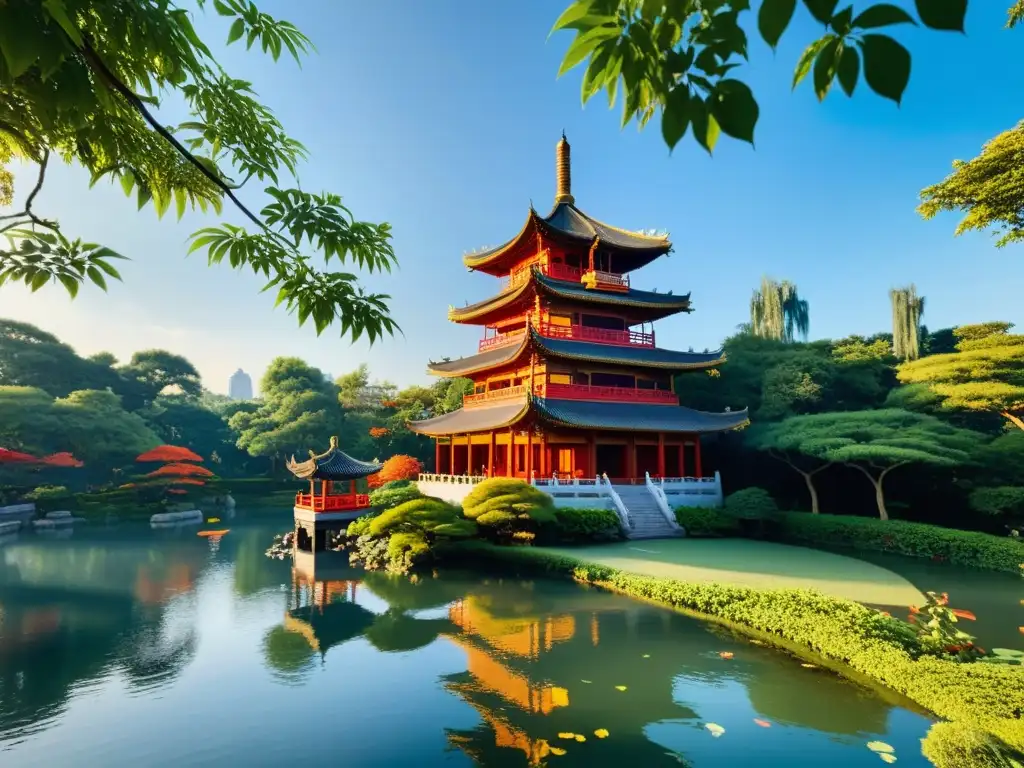 Pagoda china antigua rodeada de exuberante vegetación, con detalles en rojo y oro, bajo un cielo azul