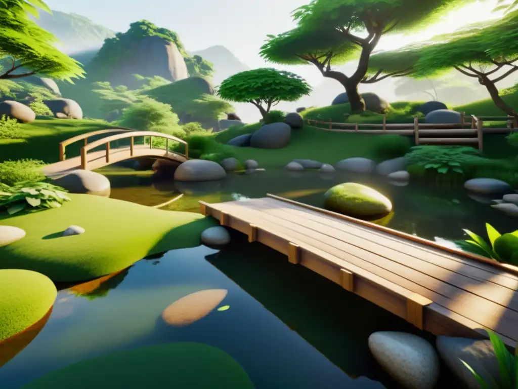 Un paisaje de realidad virtual sereno y minimalista con estanque, rocas y puente de madera, bañados en suave luz natural