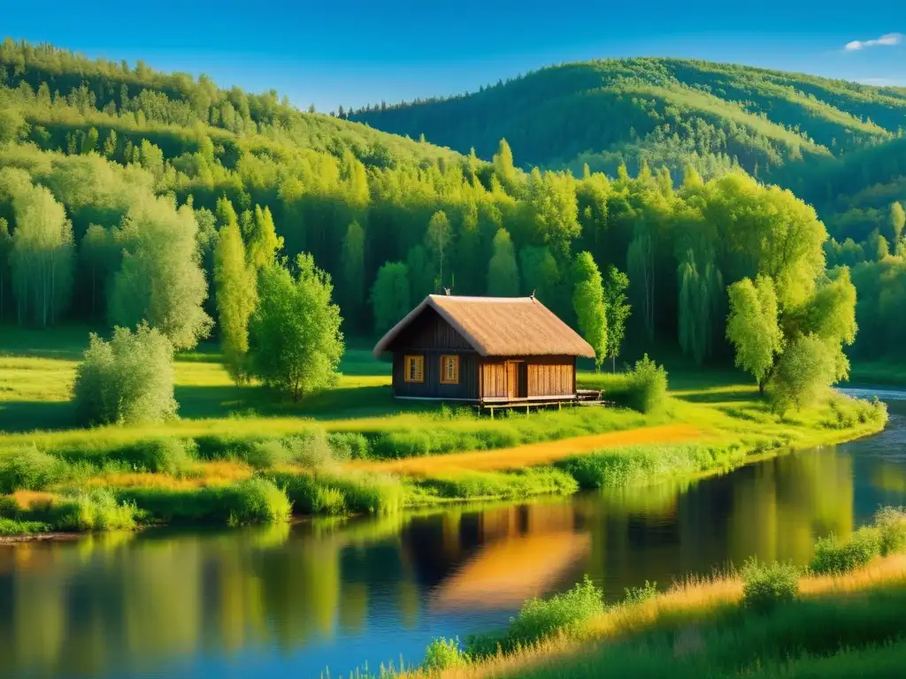 Paisaje sereno de la campiña rusa, con casa de madera, árboles verdes y río tranquilo