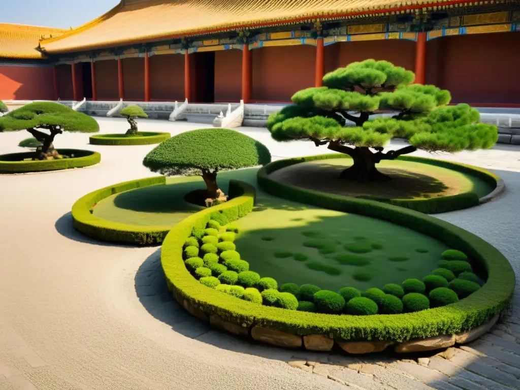 Paisaje de jardín sereno en la Ciudad Prohibida con influencia del Feng Shui en Beijing