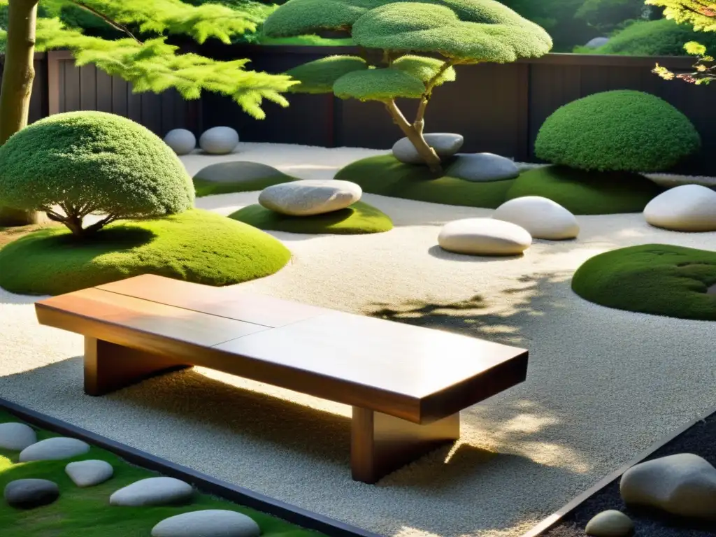 Paisaje sereno de jardín japonés con piedras, musgo y bancos de madera, rodeado de exuberante vegetación