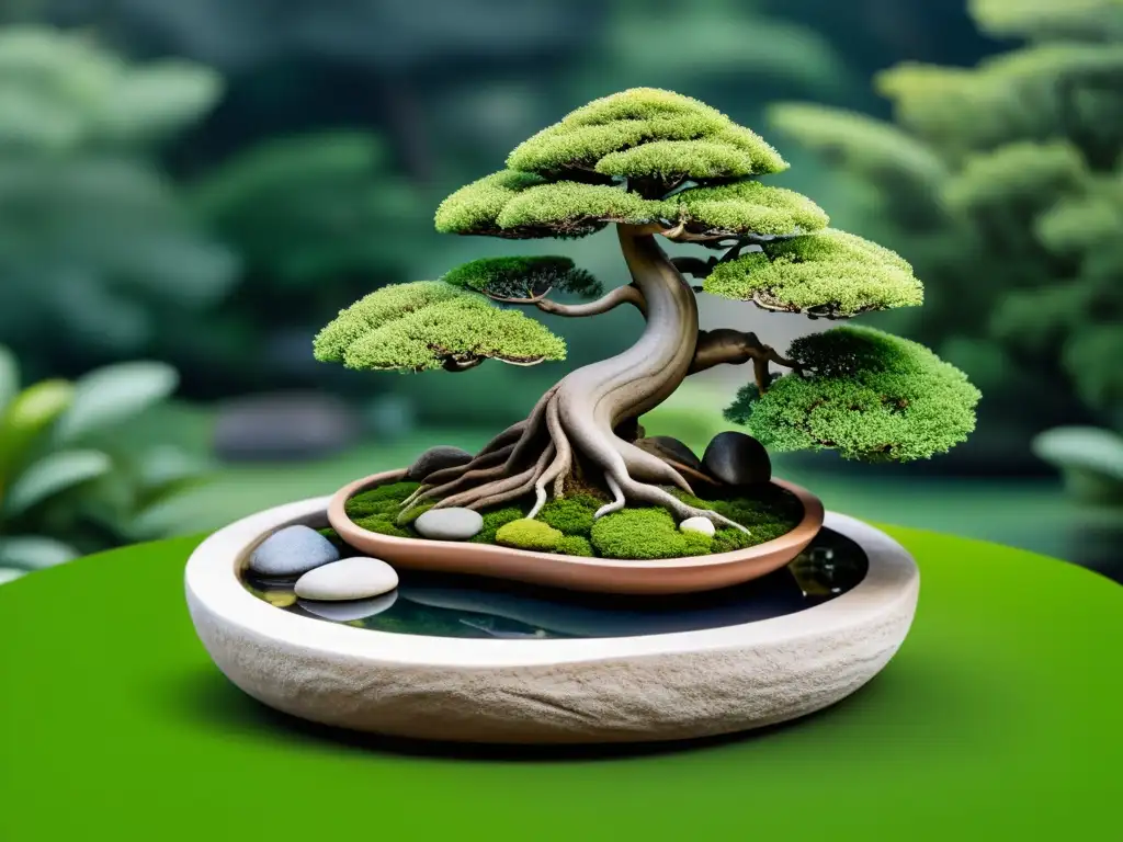 Jardín Feng Shui en armonía: un paisaje sereno y minimalista con rocas, estanque y bonsái, transmitiendo paz y equilibrio