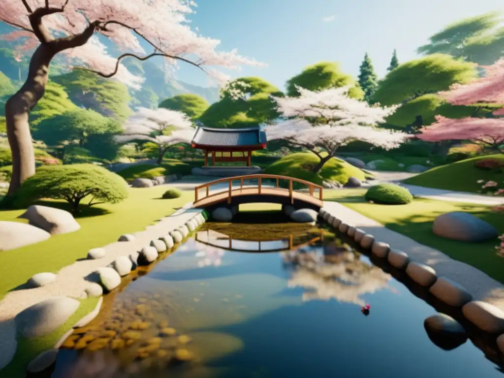 Un paisaje sereno de realidad virtual con un jardín japonés minimalista y armonioso, ideal para feng shui y relajación