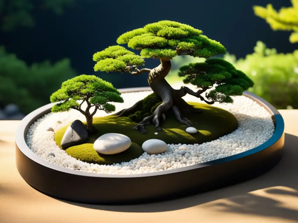 Armonización en jardín con diseño feng shui: paisaje sereno con rocas, musgo y bonsái, bajo la luz del sol