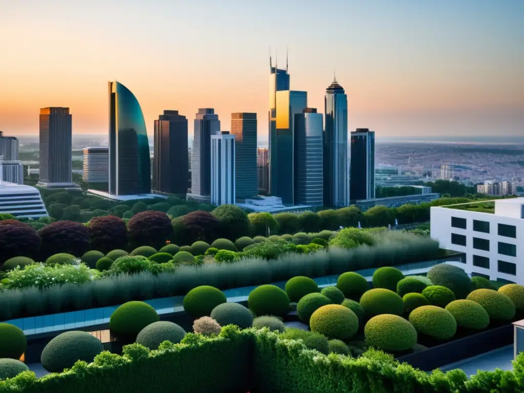 Un paisaje urbano al atardecer con armonía y equilibrio, reflejando el Feng Shui urbano para ciudades