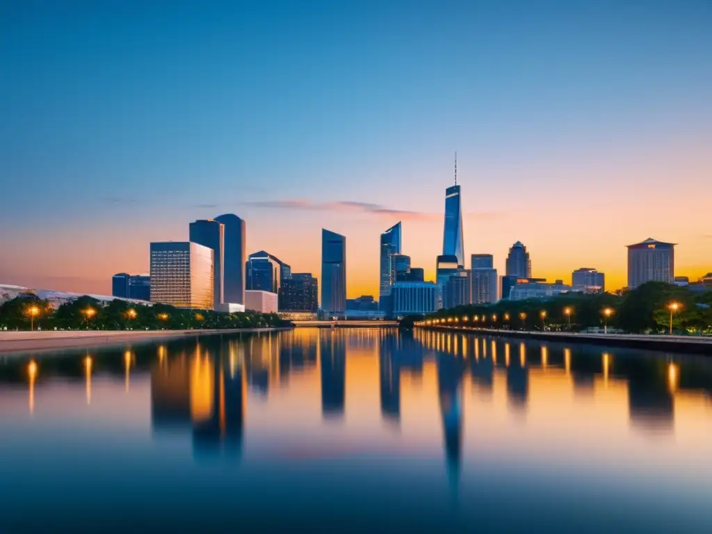 Un paisaje urbano minimalista al atardecer, con edificios modernos y líneas limpias