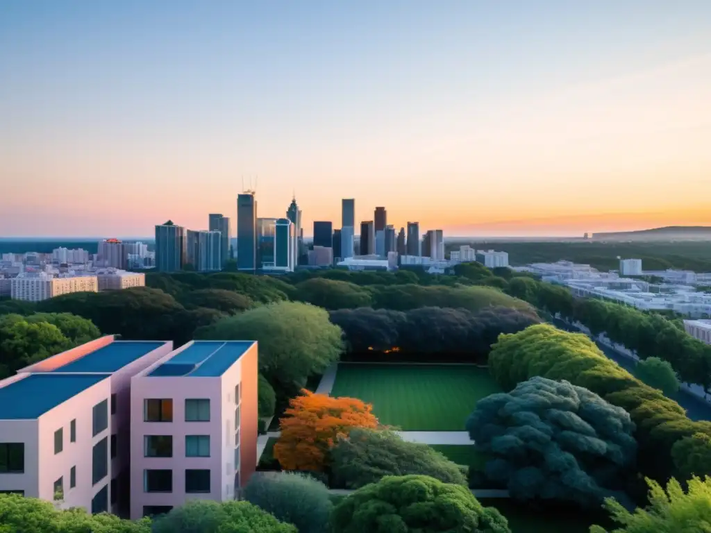 Un paisaje urbano minimalista y tranquilo al atardecer, con edificios altos y un parque sereno