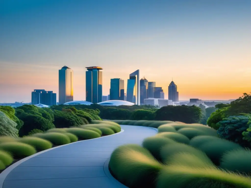 Un paisaje urbano moderno con Feng Shui: armonía entre la ciudad y la naturaleza al amanecer