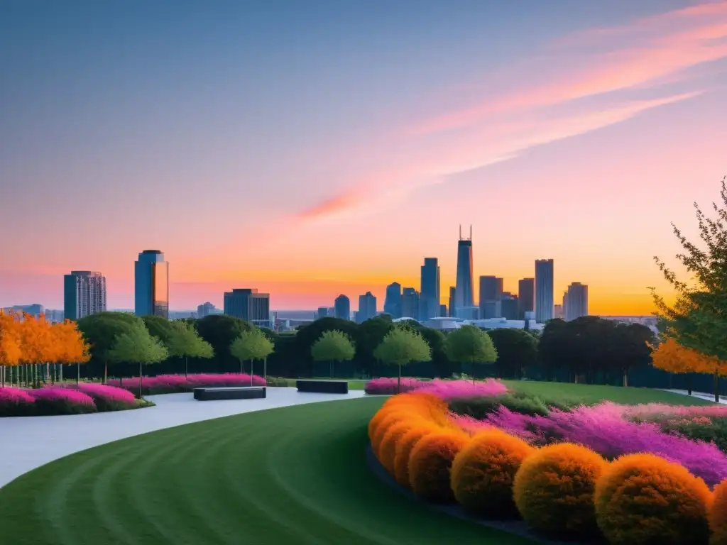 Paisaje urbano sereno al atardecer: armonía y equilibrio Un paisaje urbano y sereno al atardecer con edificios modernos y un parque tranquilo, reflejando armonía y equilibrio