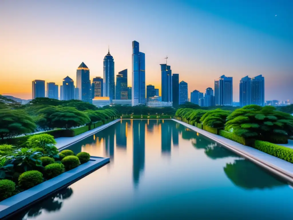 Un paisaje urbano sereno al atardecer, con rascacielos modernos integrados con exuberante vegetación y agua