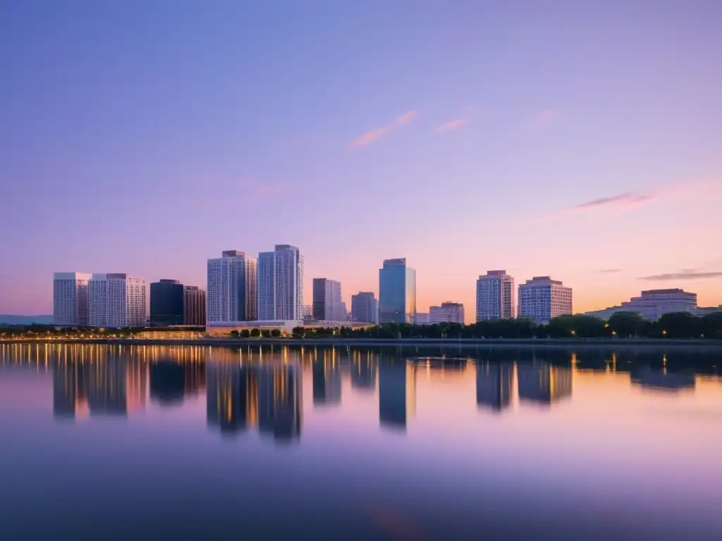 Un paisaje urbano sereno y minimalista al anochecer, con edificios modernos proyectando largos reflejos tranquilos en un río cristalino