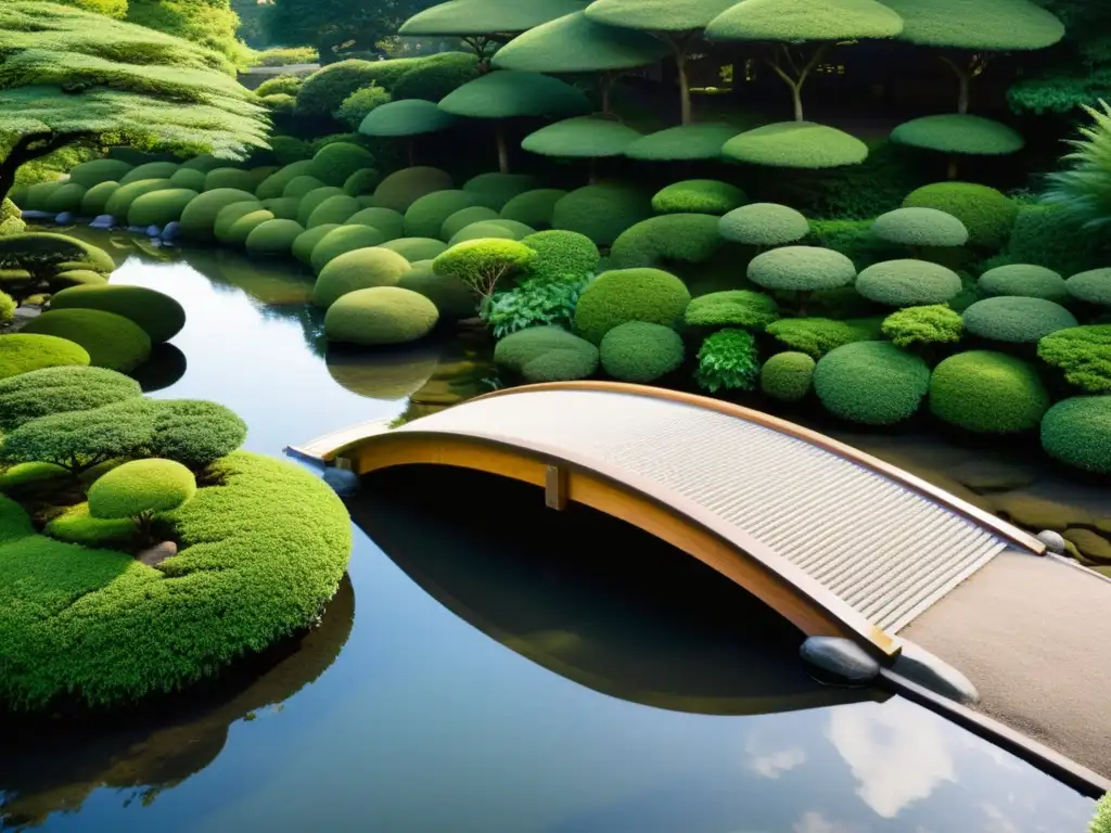 Paisaje zen con estructuras geométricas en jardín Feng Shui: equilibrio y armonía en la naturaleza